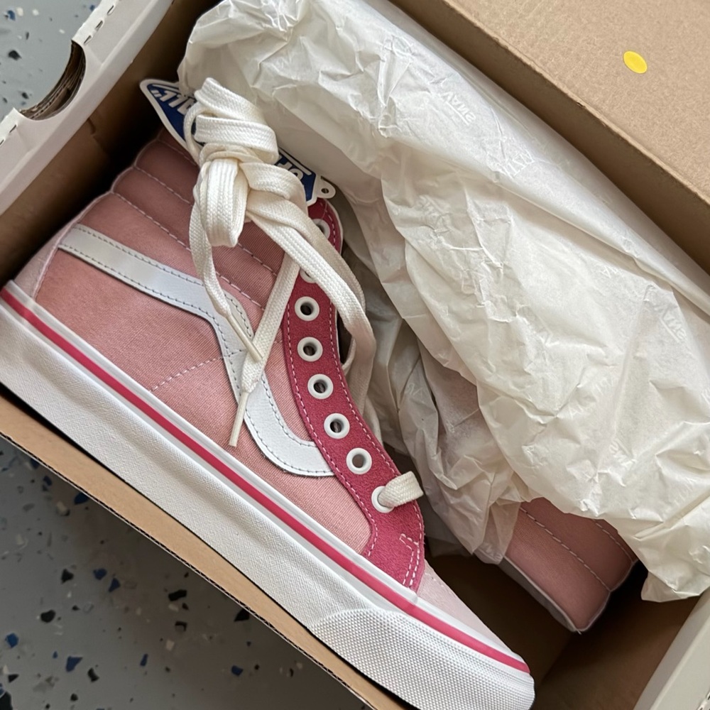 Vans Women's Pink and White High-Top Sneakers